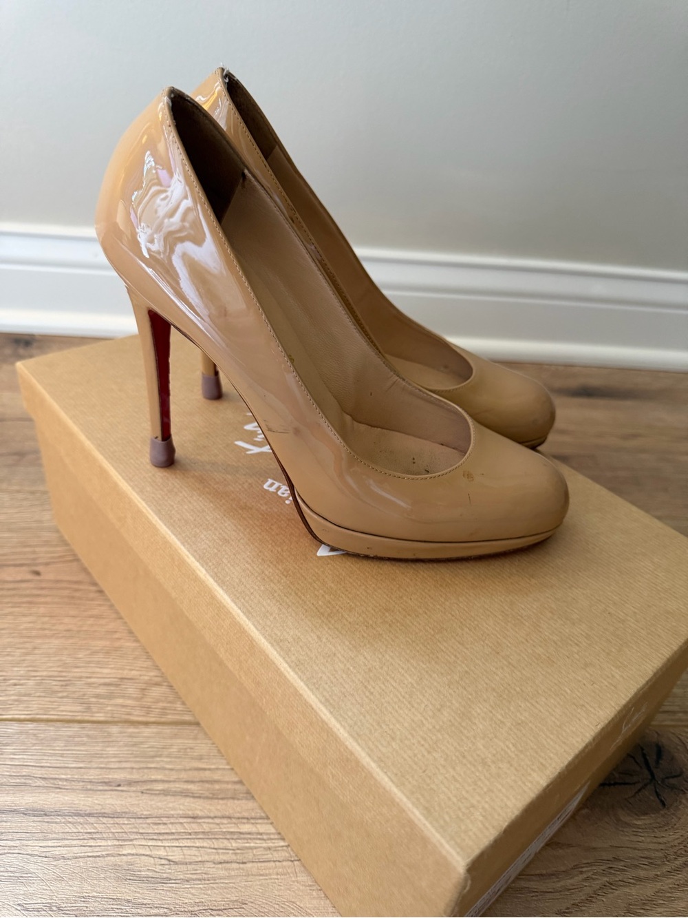 Christian Louboutin Nude Patent Round-Toe High Heel Pumps